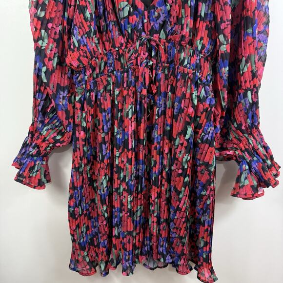 Arula New Black Floral Pleated Mini Dress 1X Long Balloon Sleeve Ruffle Cuffs - Picture 3 of 15